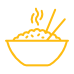 Yellow bowl of rice with steam and chopsticks icon